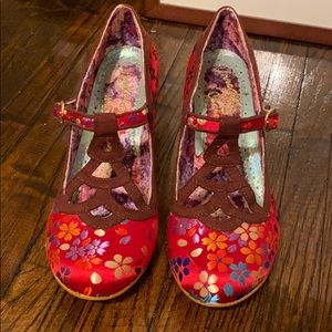 Irregular choice red low heel t straps